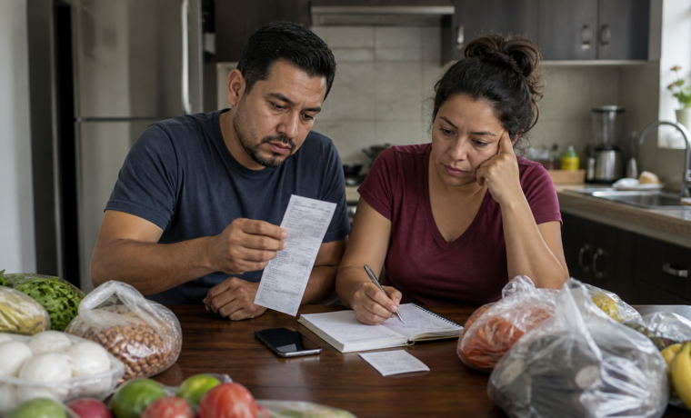 Familia revisa un presupuesto y compara precios en un mercado mexicano