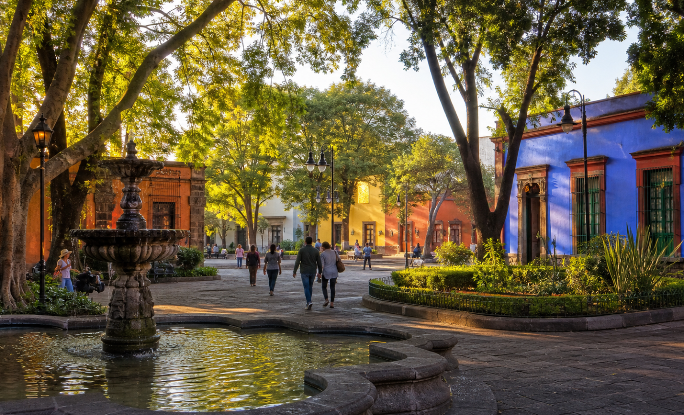 Plaza arbolada de Coyoacán con fuente y arquitectura histórica al amanecer