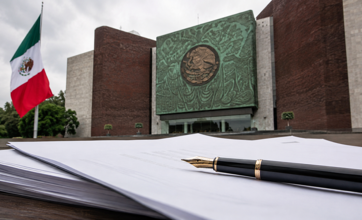 Edificio del Congreso de México detrás de documentos y una pluma, imagen editorial sobre reformas constitucionales y legales.