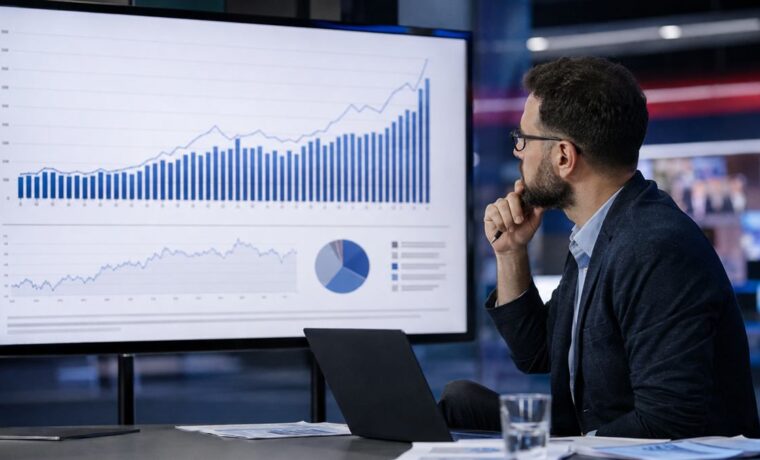 Analista revisa una gráfica y una ficha metodológica de indicadores en una computadora