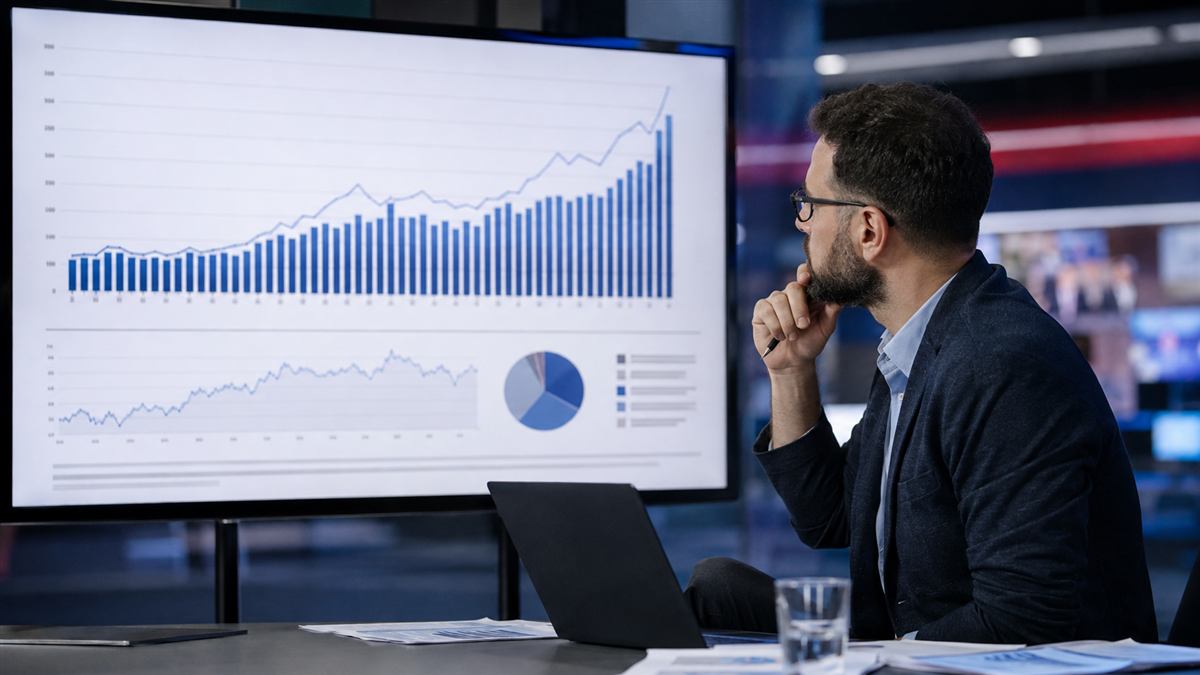 Analista revisa una gráfica y una ficha metodológica de indicadores en una computadora