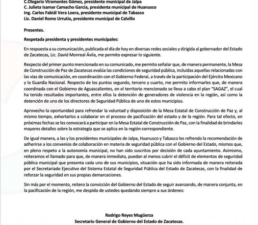 Carta del secretario general de Gobierno de Zacatecas dirigida a presidentes municipales sobre coordinación y seguridad pública