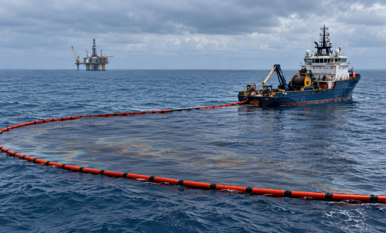 Embarcación y barreras de contención durante una operación de respuesta en el mar